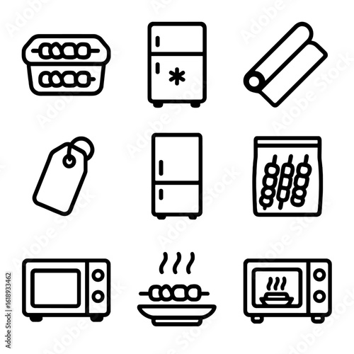 Shashlik Storage Icons. Solid, filled icon set of shashlik leftovers and storage: food container, fridge, wrap foil, vacuum sealer