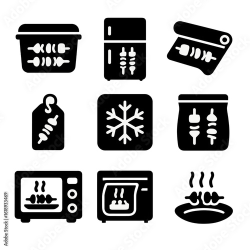 Shashlik Storage Icons. Solid, filled icon set of shashlik leftovers and storage: food container, fridge, wrap foil, vacuum sealer