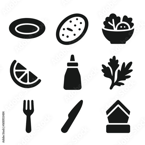 Shashlik Icon Set. Solid, filled icon set of shashlik serving: plate, flatbread, salad bowl, lemon slice, sauce bottle, fresh