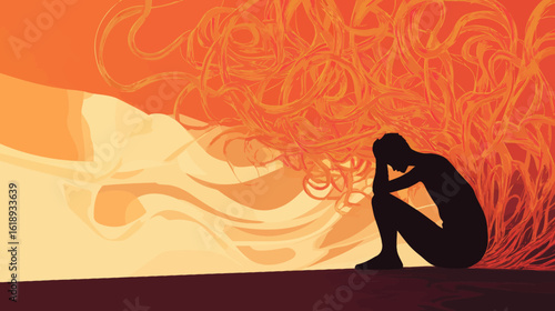 A woman struggling with depression is illustrated, covering her face with her hands in desperation, as she attempts to resolve intricate issues, symbolizing the perplexing concept of mental disorder