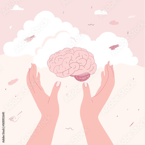 A modern, flat, anatomical icon in color illustration represents human organ collection, featuring human hands holding a brain isolated on a white sky background, symbolizing health care, neurology,