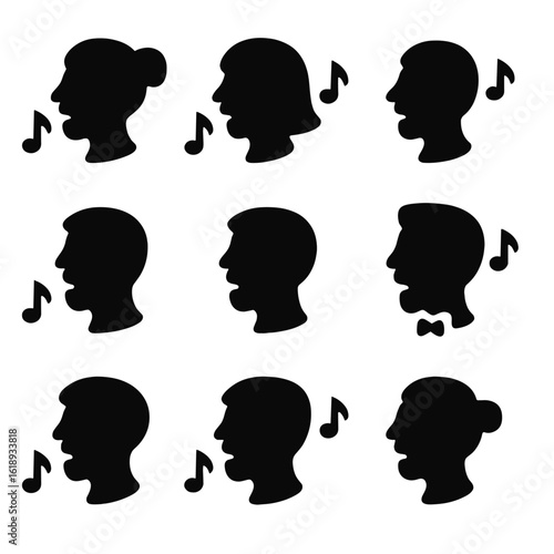 Singing Voice Icons. Solid, filled icon set of singing voice types: soprano, mezzo-soprano, alto, tenor, baritone, bass,