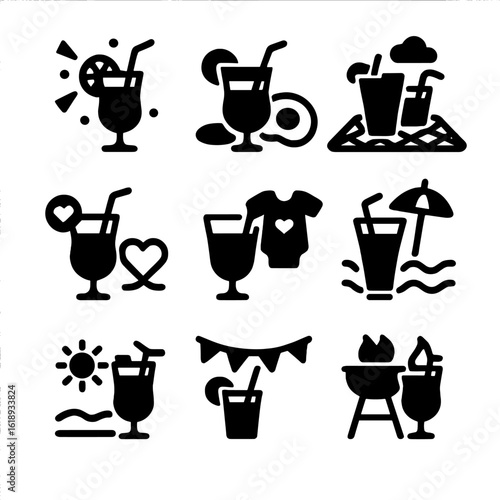 Mocktail Occasion Icons. Solid, filled icon set of mocktail occasions: party, brunch, picnic, wedding, baby shower, poolside,