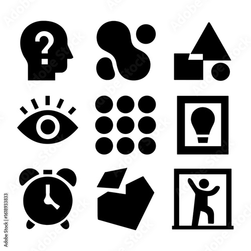 Modern Art Icons. Solid, filled icon set of contemporary art themes influenced by modernism: identity, abstraction, geometry,