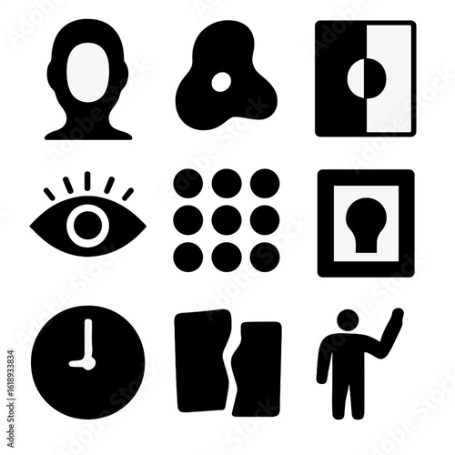 Modern Art Icons. Solid, filled icon set of contemporary art themes influenced by modernism: identity, abstraction, geometry,