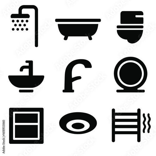 Modern Bathroom Icons. Solid, filled icon set of modern bathroom fixtures: rainfall shower, freestanding tub, wall-mounted toilet,
