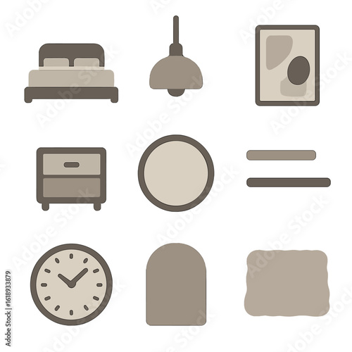 Modern Bedroom Icons. Solid, filled icons set of modern bedroom aesthetics: minimalist bed, pendant light,