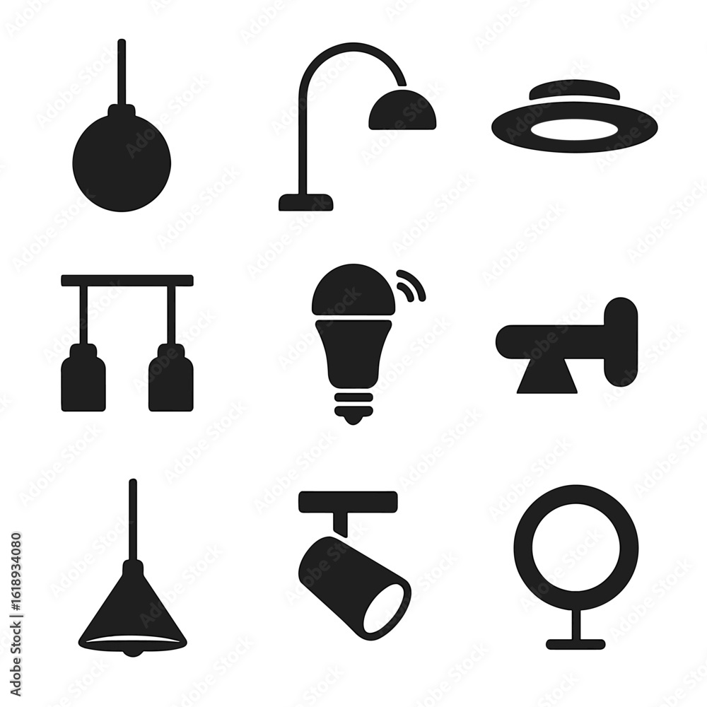 Obraz premium Modern Lighting Icons. Solid, filled icons set of modern lighting fixtures: globe pendant, arc floor lamp,