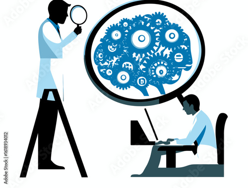 Neurologists and neuroscientists study the brain, as depicted in a flat modern illustration isolated on a background