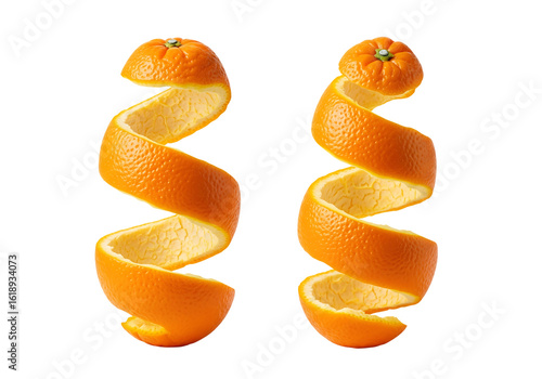 Two views of a fresh orange peel spiraled in a continuous curl. Isolated on transparent background, png