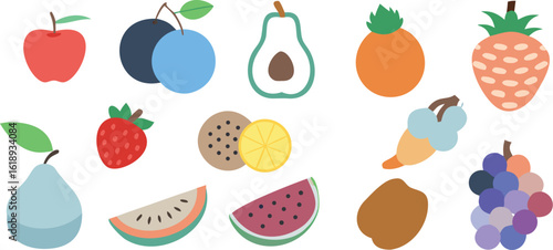 Flat Style Colorful Fruit Icon Collection On White Background With Summery Cheerful Design Elements