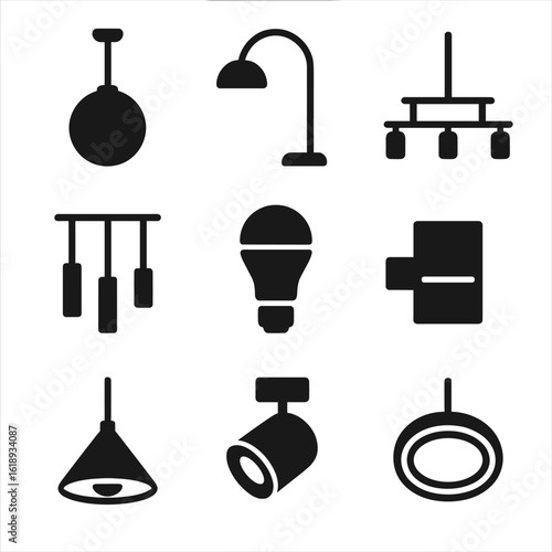 Modern Lighting Icons. Solid, filled icons set of modern lighting fixtures: globe pendant, arc floor lamp,