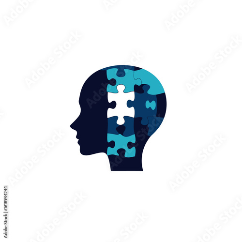 Modern illustration of a human head with a puzzle, symbolizing problem solving and dementia in a flat style isolated on a white background