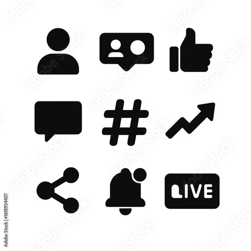 Social Media Icons. Solid, filled icon set of social media impact: profile avatar, follower count, like button, comment bubble,