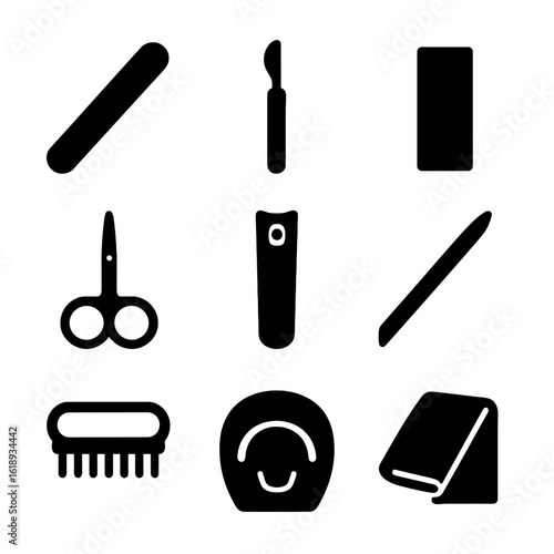 Soft Manicure Tools Icons. Solid, filled icon set of Soft manicure tools: nail file, cuticle pusher, buffer block, nail scissors,
