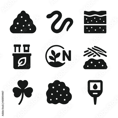Soil Health Icons. Solid, filled icon set of soil health and regeneration: compost pile, worm, topsoil layers, soil test kit,