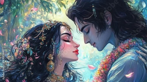 Hindu deities featuring Lord Krishna and Radha lovingly embrace, amidst flowers. Lord Krishna and Radha depict divine love and devotion, surrounded by an aura of peace.