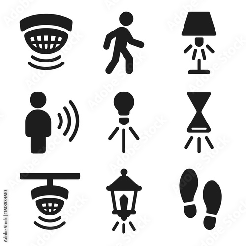 Motion-Activated Lighting Icons. Solid, filled icons set of motion-activated lighting: motion sensor, person