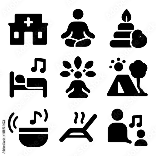 Sound Therapy Icons. Solid, filled icon set of sound therapy settings: wellness center, yoga studio, spa, therapy room, meditation