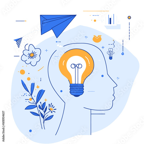 The brain is depicted as giving birth to a light bulb, symbolizing the care and nurturing of thoughts and ideas in a modern flat-style illustration