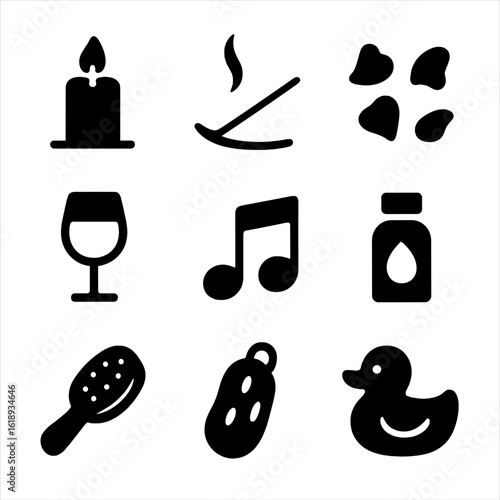 Spa Icons Grid. Solid, filled icon set of relaxation elements in whirlpool baths: candle, incense stick, flower petals, glass of