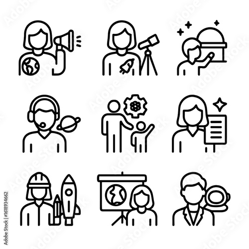 Space Education Icons. Solid, filled icon set of space education and outreach: science communicator, space educator, planetarium