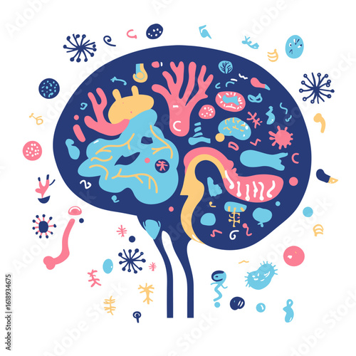 The connection between a healthy brain and gut is exemplified by the cute illustration of the brain and intestine, highlighting their relationship