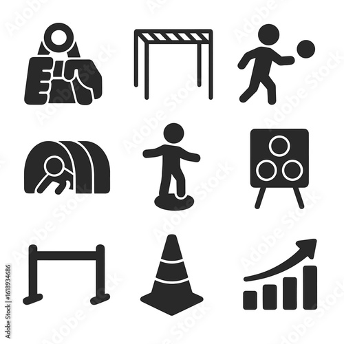 Motor Skills Icons. Solid, filled icons set of children’s motor skill training: grip strength icon, monkey