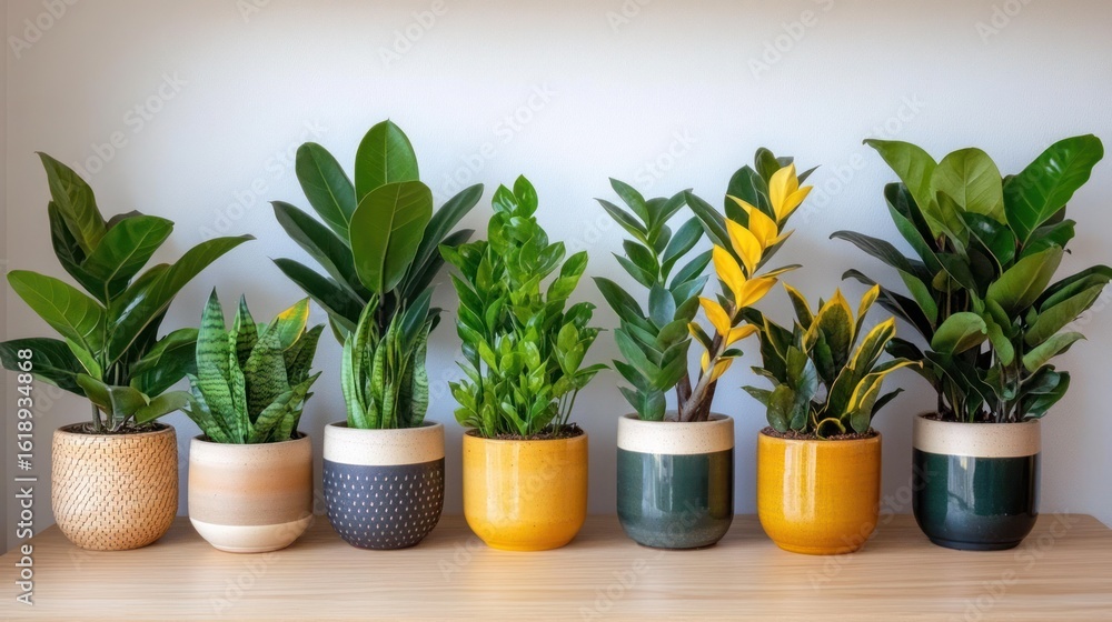 Fototapeta premium Row of potted plants in various colors