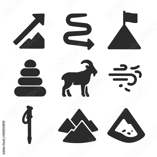 Mountain Trekking Icons. Solid, filled icons set of mountain trekking routes: elevation gain arrow, switchback