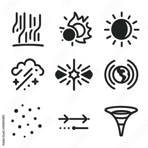 Space Phenomena Icons. Solid, filled icon set of Space phenomena: aurora, solar flare, eclipse, cosmic rays, gamma burst,