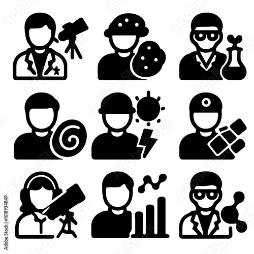 Space Research Roles Icons. Solid, filled icon set of space research roles: astrophysicist, planetary geologist, space biologist,