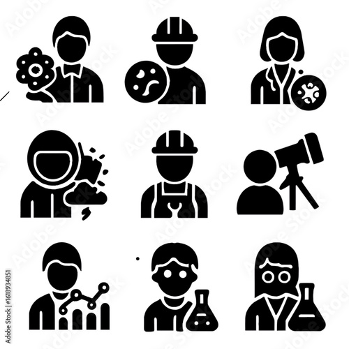 Space Research Roles Icons. Solid, filled icon set of space research roles: astrophysicist, planetary geologist, space biologist,