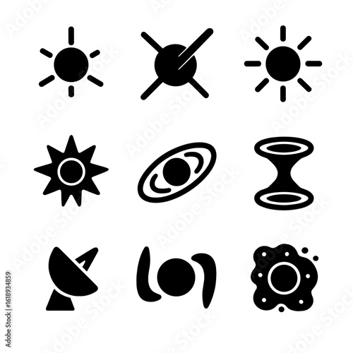 Space Phenomena Icons. Solid, filled icon set of Space objects related to black holes: neutron star, pulsar, quasar, supernova,