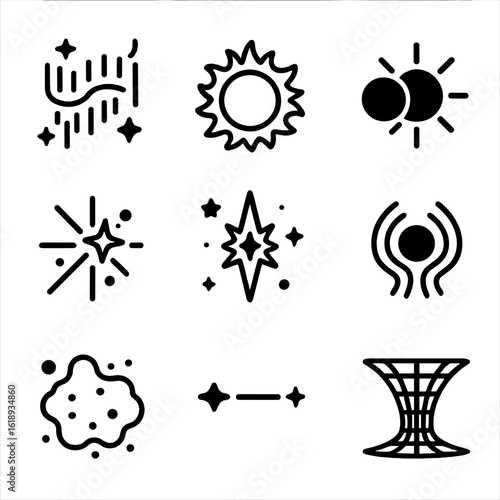 Space Phenomena Icons. Solid, filled icon set of Space phenomena: aurora, solar flare, eclipse, cosmic rays, gamma burst,