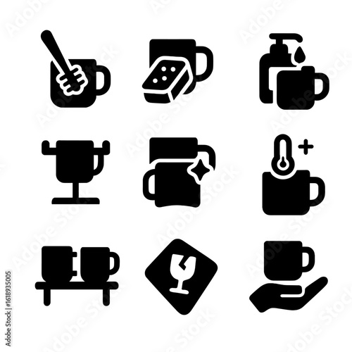 Mug Care Icons. Solid, filled icon set of mug care and maintenance: cleaning brush, sponge, soap bottle, drying rack, polishing
