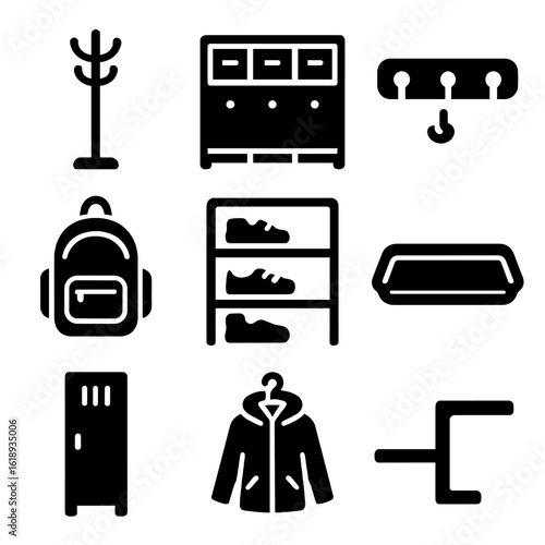 Mudroom Organization Icons. Solid, filled icons set of mudroom organization tools: coat rack, labeled cubbies,