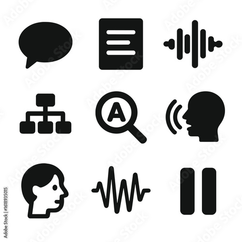 Speech Analysis Icons. Solid, filled icon set of speech analysis: speech bubble, text, waveform, sentence structure, word choice,