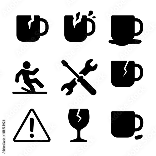 Mug Safety Icons. Solid, filled icon set of mug safety and hazards: broken ceramic, sharp shards, liquid spill, slipping hazard,