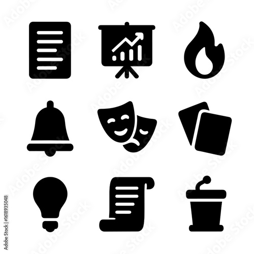 Speech Icons Grid. Solid, filled icon set of types of speeches: informative paper, persuasive chart, motivational flame,