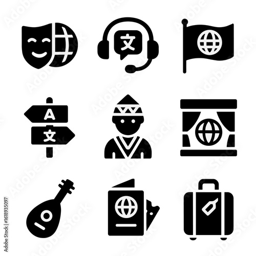 Multicultural Theater Icons. Solid, filled icons set of multicultural theater festivals: global mask,