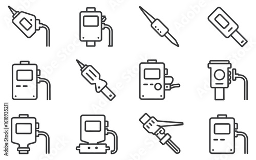 Collection of medical device icons with digital displays and cables isolated on white background silhouette