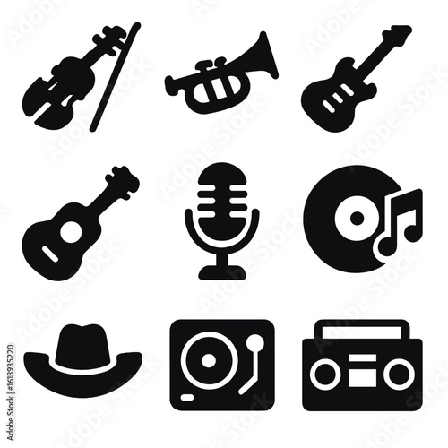 Music Genre Icons. Solid, filled icon set of Music genres: classical, jazz, rock, blues, pop, country, electronic, folk, hip-hop.
