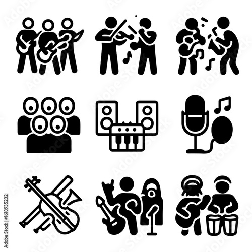 Music Genre Icons. Solid, filled icon set of music genre composition: rock band, classical orchestra, jazz ensemble, choir,
