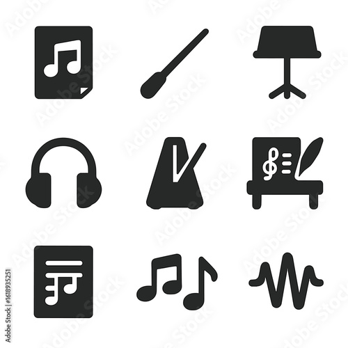 Music Icon Grid. Solid, filled icon set of composition elements: sheet music, conductor's baton, music stand, metronome,