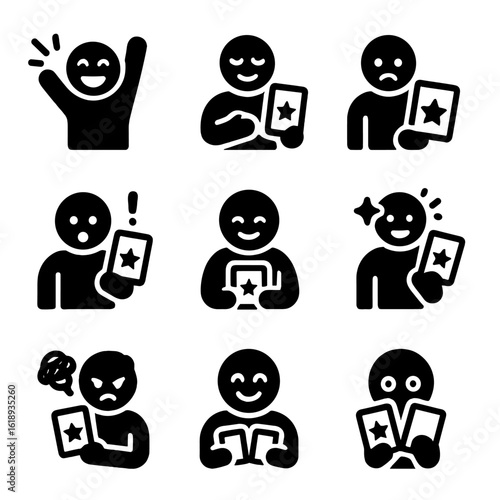 Sports Card Emotions Icon. Solid, filled icon set of sports trading card collecting emotions: excitement, pride, disappointment,