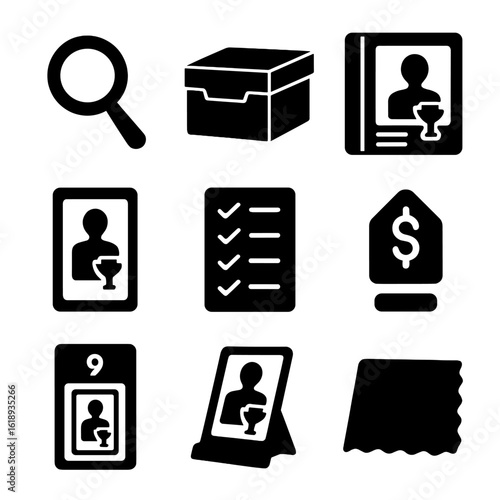 Sports Card Collection Tools. Solid, filled icon set of sports trading card collecting tools: magnifying glass, storage box,