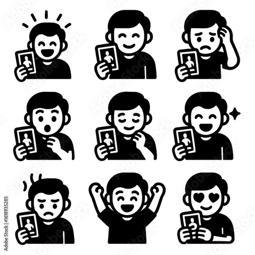 Sports Card Emotions Icon. Solid, filled icon set of sports trading card collecting emotions: excitement, pride, disappointment,