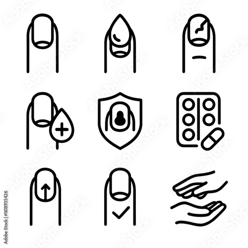 Nail Care Icons. Solid, filled icon set of Soft manicure nail health: healthy nail bed, cuticle protection, nail hydration, nail