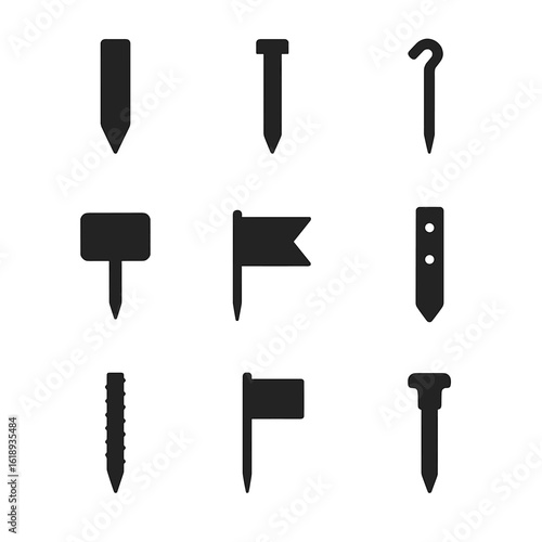 Stake Types Icon Set. Solid, filled icon set of stake types: wooden stake, metal stake, tent stake, garden stake, survey stake,